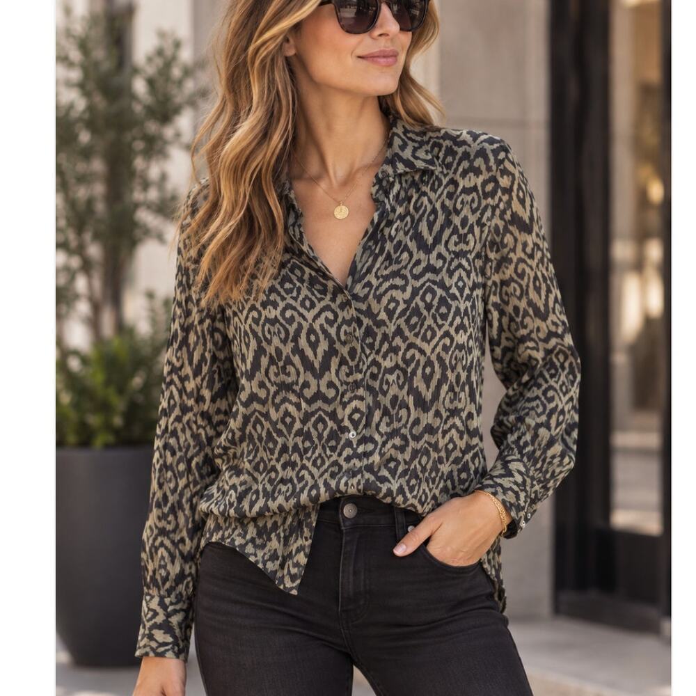 Cino Blouse Women L NWT Crinkle Viscose Ikat Print Button Up Boho Quiet Luxury
